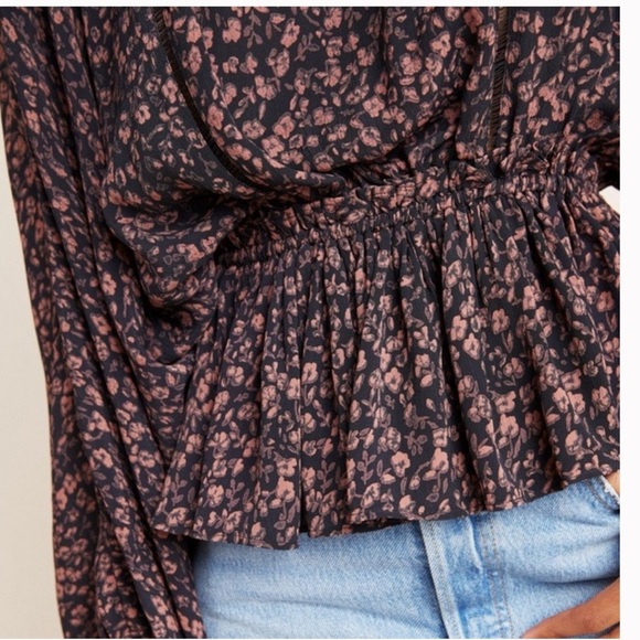 Anthropologie Nichola Peplum Blouse Black Pink Dark Floral Whimsy Boho Fairy - Picture 12 of 12